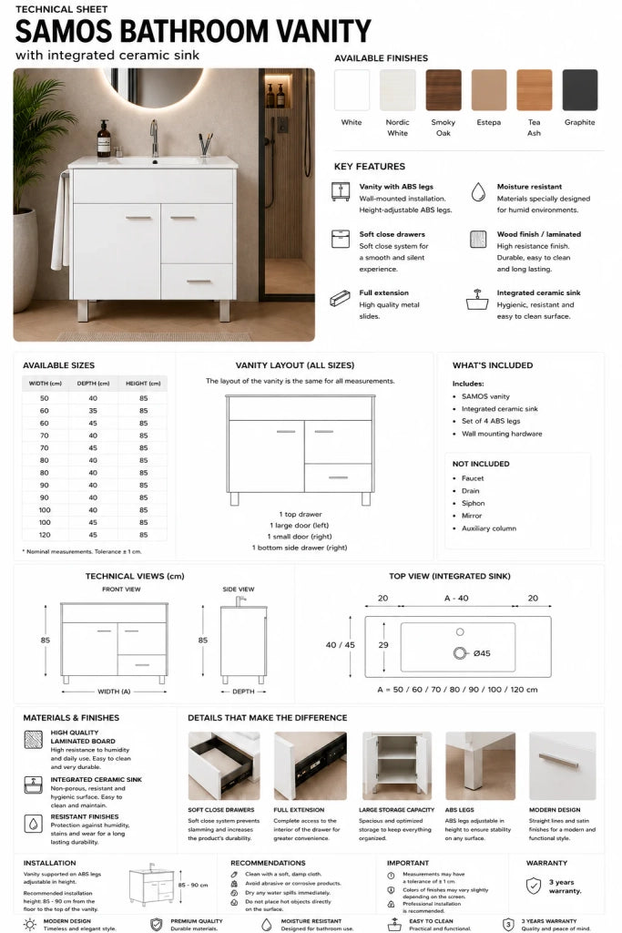 Mobile bagno con lavabo ORIGENBATH SAMOS senza specchio 100x45 cm frassino tea