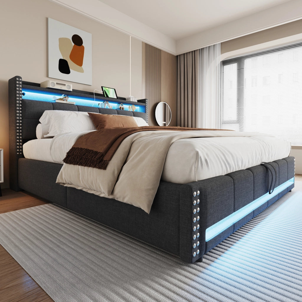 Letto imbottito matrimoniale 180x200 cm con LED, presa USB e contenitore idraulico, grigio