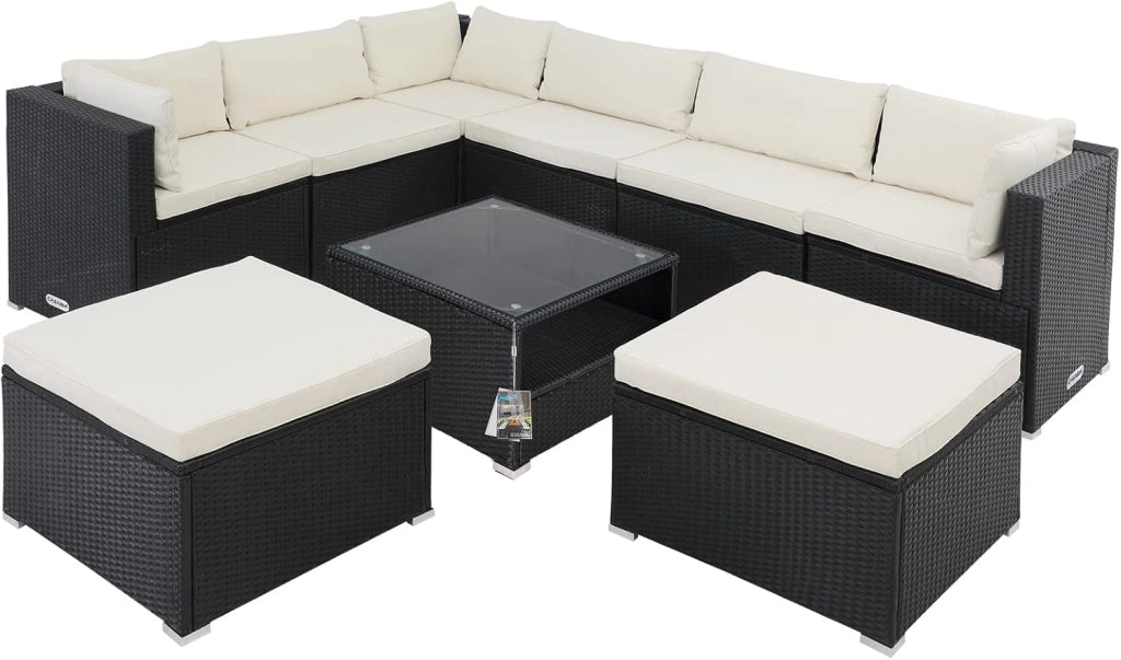 Set Salotto in Polyrattan XL Cuscini Imbottiti Tavolo in Vetro Resistente Mobili da Giardino Salottino Angolo