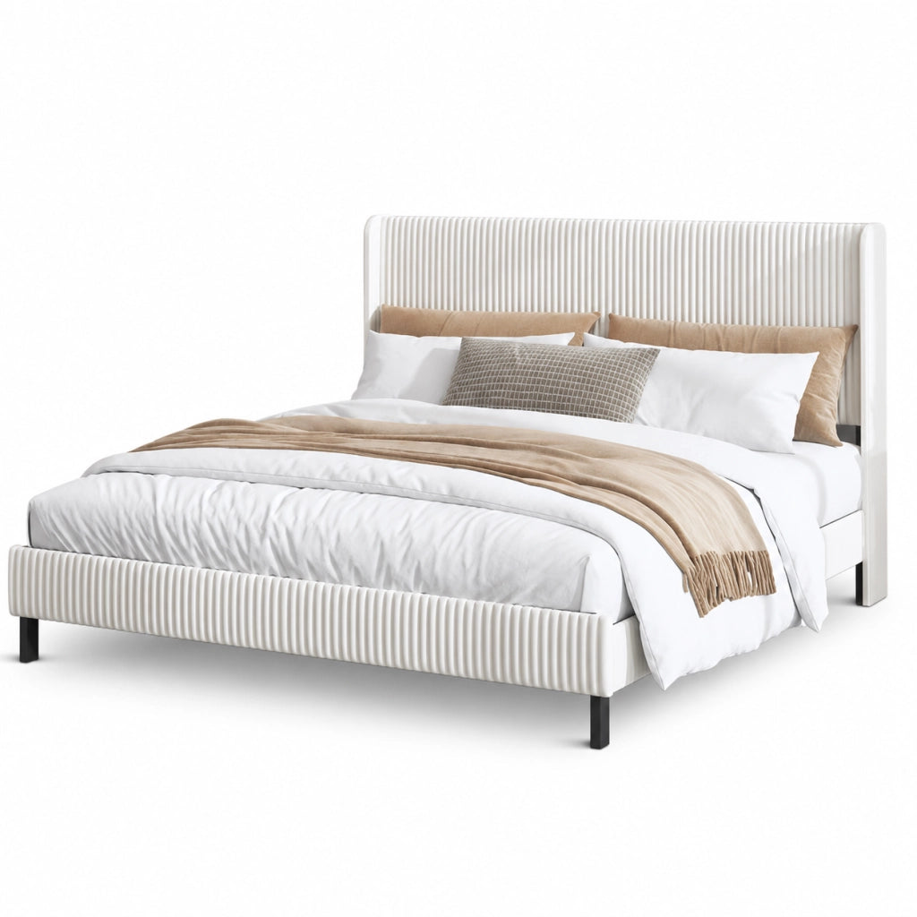 Letto imbottito 180x200 cm con struttura metallica silenziosa in velluto a coste beige e crema