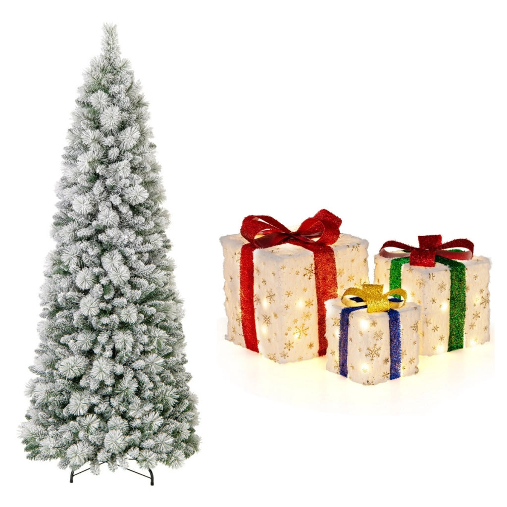 Albero di Natale pop-up 210cm e set di 3 scatole regalo illuminate, Albero decorativo artificiale e decorazione natalizia pre-illuminata-Natale