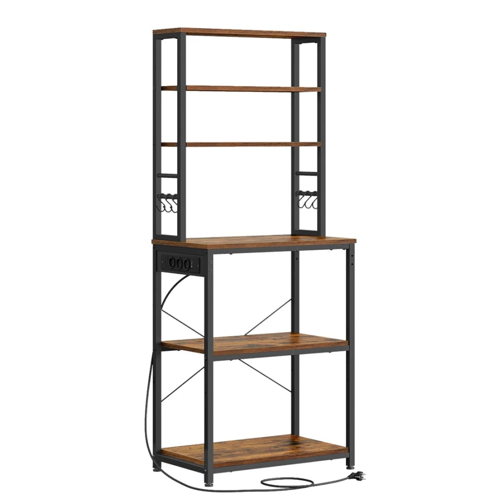 Mensola da cucina con multipresa mensola per macchina da caffè 6 ripiani 6 ganci per forno a microonde struttura in acciaio 40 x 80 x 167 cm marrone 12_0005663