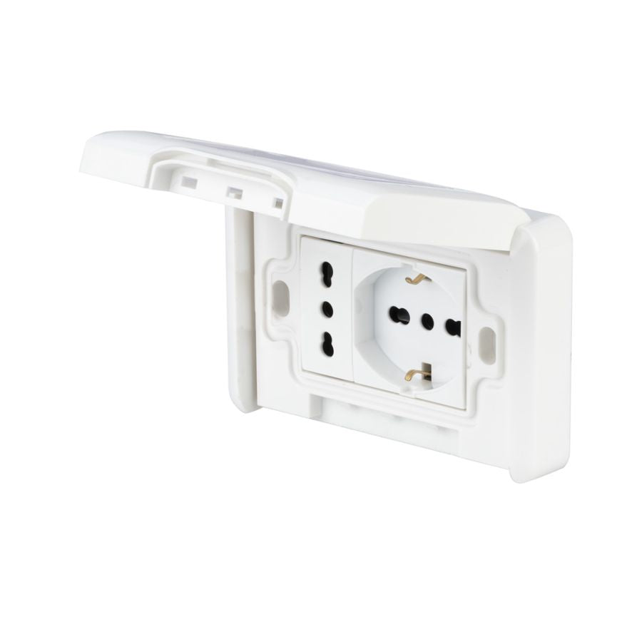 PLACCA PREMONTATA FRUTTO 10-16A E PRESA BIVALENTE 10/16A BIANCO DI POLY POOL