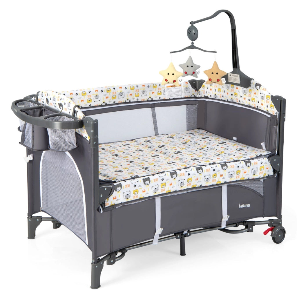 Culla 5-in-1 con materasso cambio pannolini carillon e giocattoli appesi, Dondolo portatile per neonati Grigio-Culle
