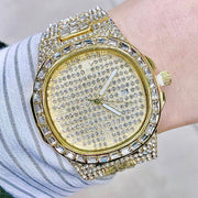 Trade Shop - Orologio Da Polso Uomo Acciaio Elegante Brillantini Calendario Analogico Dorato -