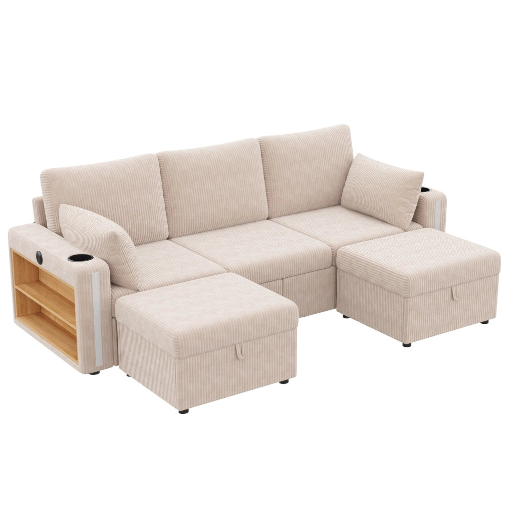 Divano modulare a U/L 190x130 cm con LED; USB/Type-C e 2 pouf contenitore beige HOMVRA