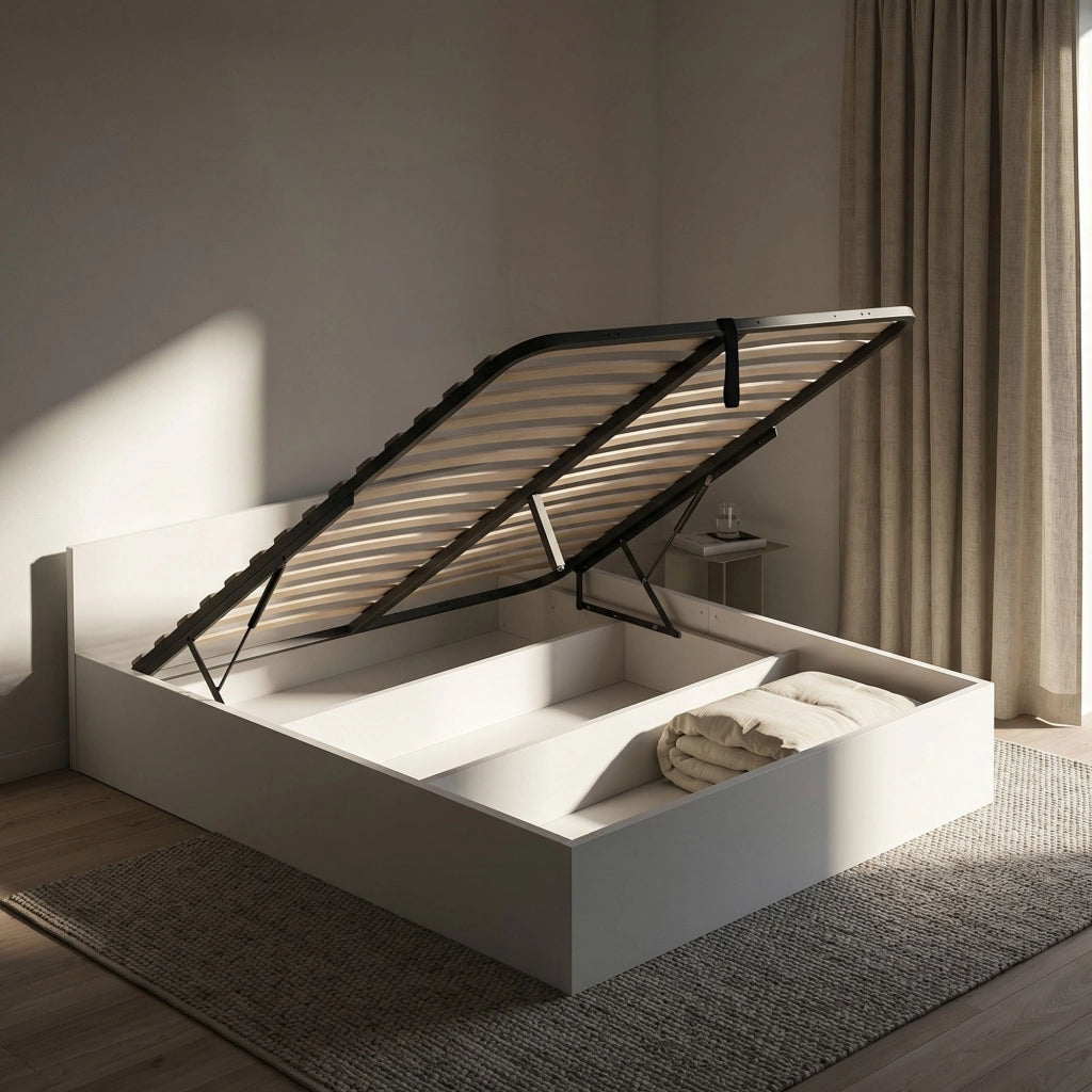 Letto con contenitore 160x200 cm rete sollevabile in metallo Bianco