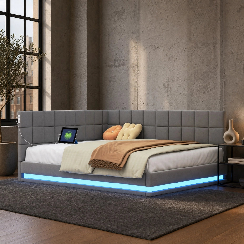 Divano letto imbottito 140x200 cm con LED e porta USB; grigio