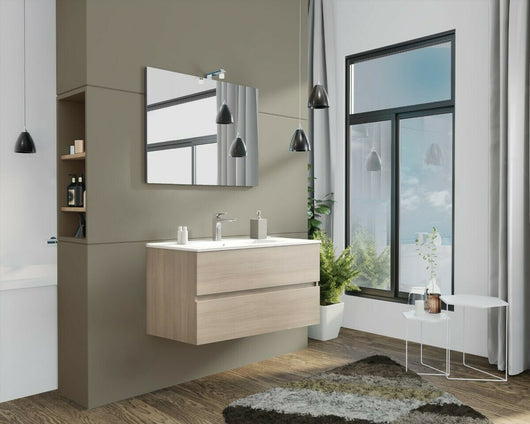 MOBILE BAGNO CON LAVABO E SPECCHIO INCLUSI FINITURA ROVERE FUMO 105X47X53H Cm