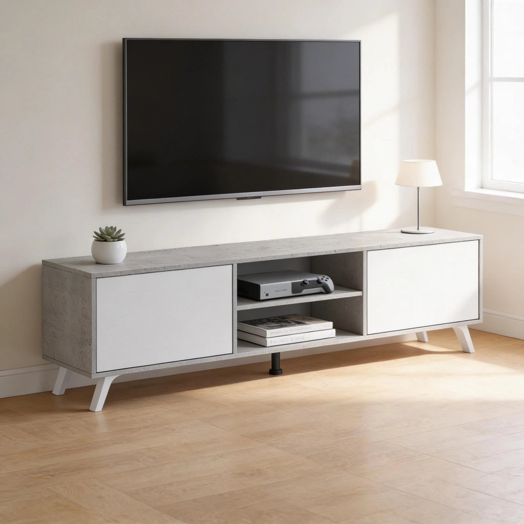 Mobile TV Per Soggiorno Con 2 Ante Battenti Ripiani Centrali Aperti Gambe Stile Scandinavo Per Televisori Fino A 75 Pollici 180 X 39,6 X 49 Cm Grigio Cemento E Bianco
