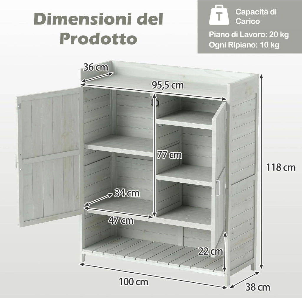 Armadio da Esterno in Legno Massello | Armadietto da Giardino con Ripiani Rimovibili, 2 Ante e Piano di Lavoro, per Balcone e Cortile