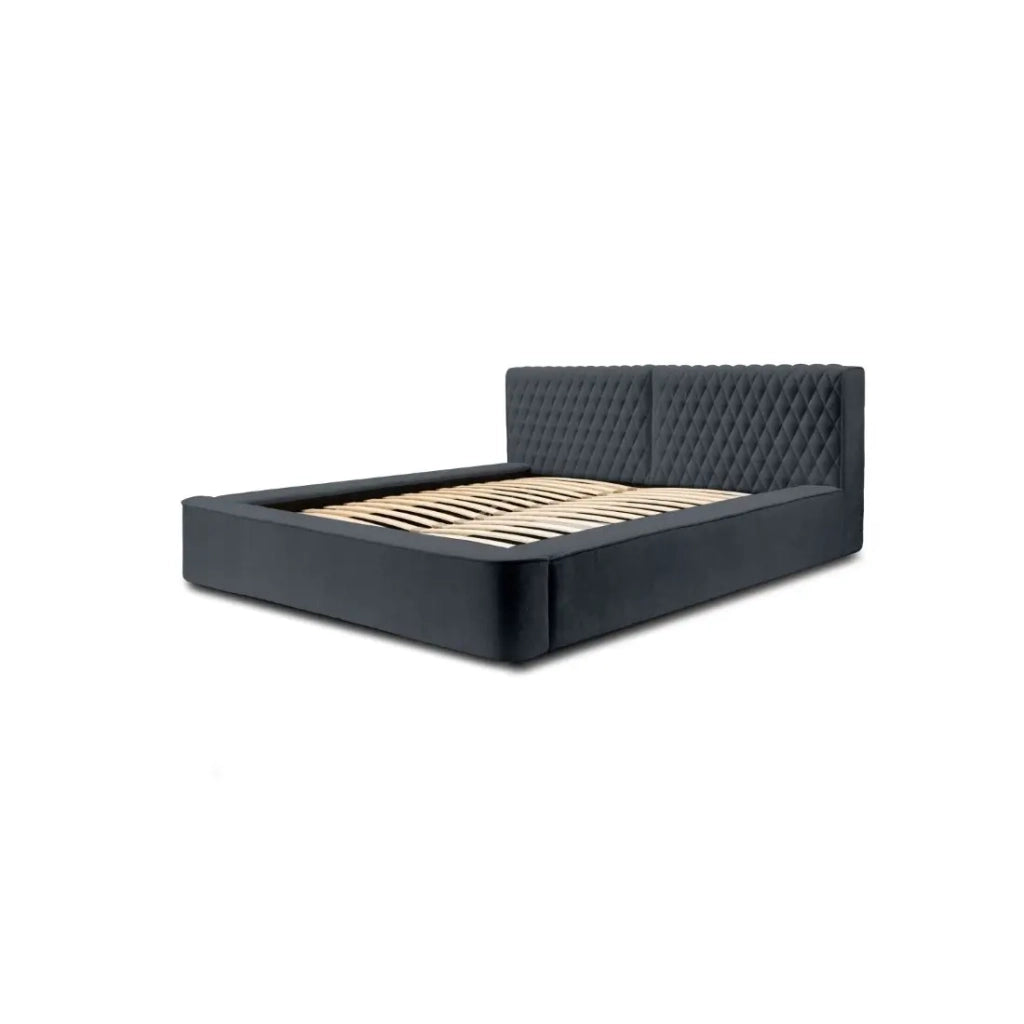 Letto contenitore VERNON – Tessuto bouclé chenille Blu carbone – 140x200 cm – Rete a doghe sollevabile – Design di alta gamma