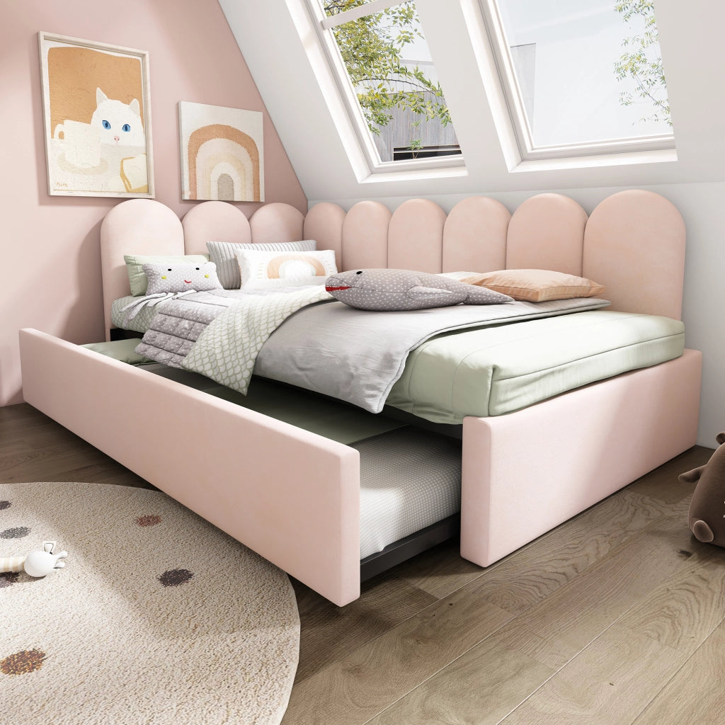 Letto daybed imbottito con letto estraibile 90x200 cm, velluto rosa, con rete, senza materasso