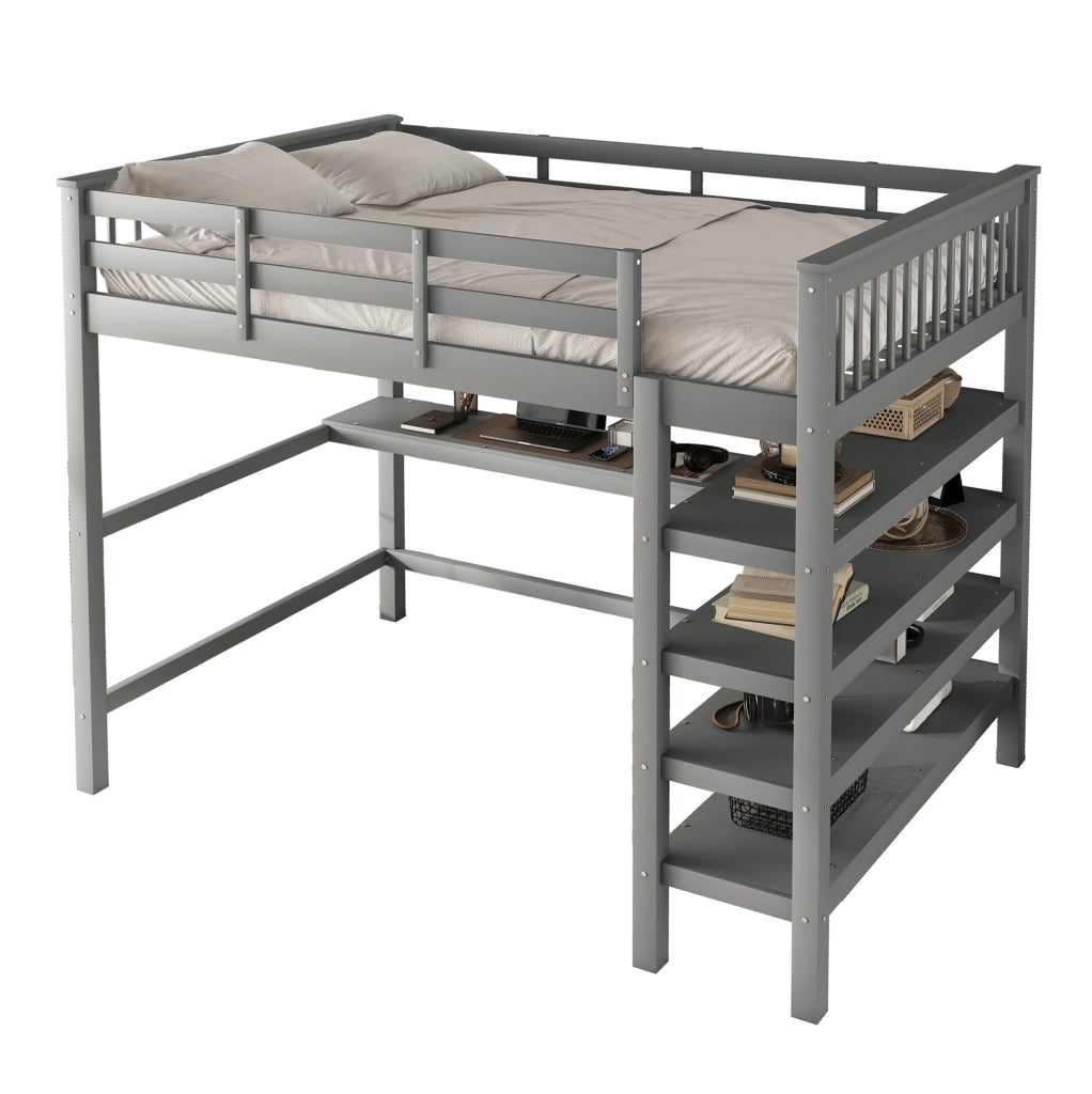 Letto a soppalco 140x200 cm con scrivania e vani portaoggetti in pino e MDF grigio