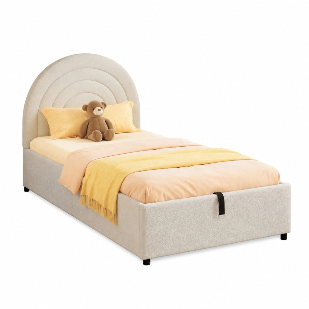 Letto imbottito 90x200 cm con contenitore idraulico; testiera imbottita; bouclé beige
