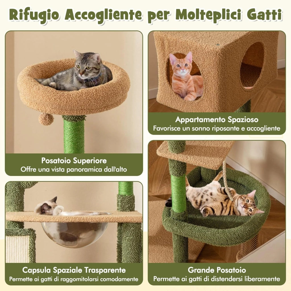 Tiragraffi per Gatti 150 cm, Torre di Gatti Multilivello con Pali per Graffio in Sisal e Giocattolo Pendente, Centro Attività per Gatti a Forma di Cactus da Interno