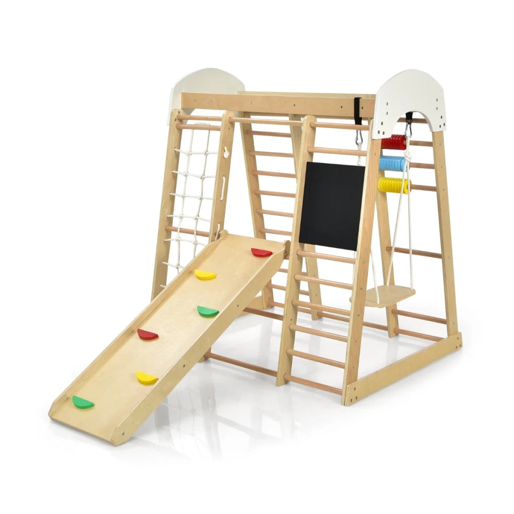 Area giochi in legno massello 8 in 1 con scivolo e scaletta per un divertimento educativo all'interno e all'esterno in legno naturale 20_0010029