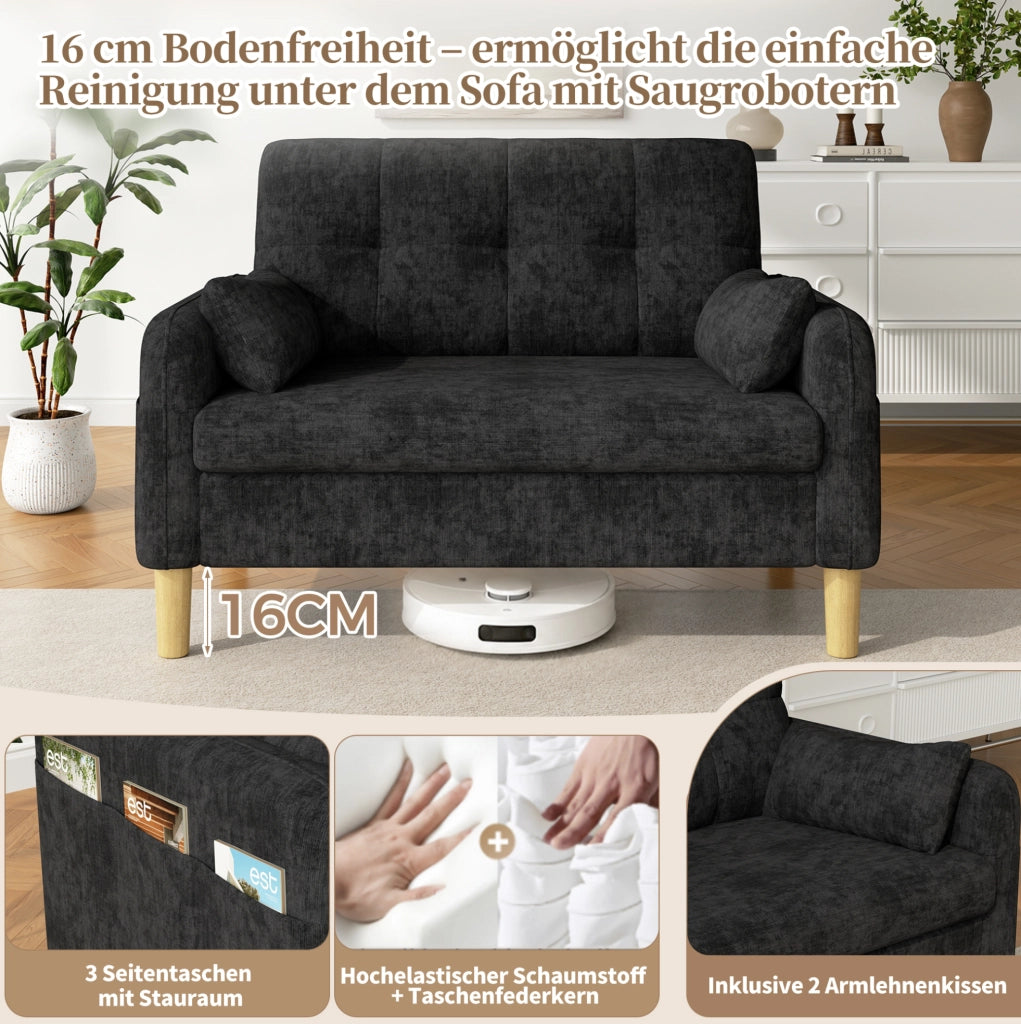 Divano modulare 2 posti in ciniglia grigio con 2 cuscini e tasca laterale; 119 × 78 × 85 cm