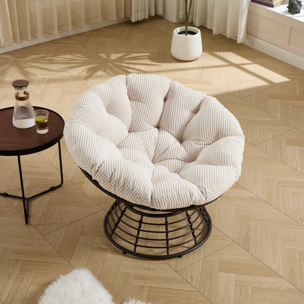 Sedia Papasan ergonomica girevole in vimini cuscino spesso velluto a coste colore bianco telaio marron versatile per arredamento interno ed esterno domestico