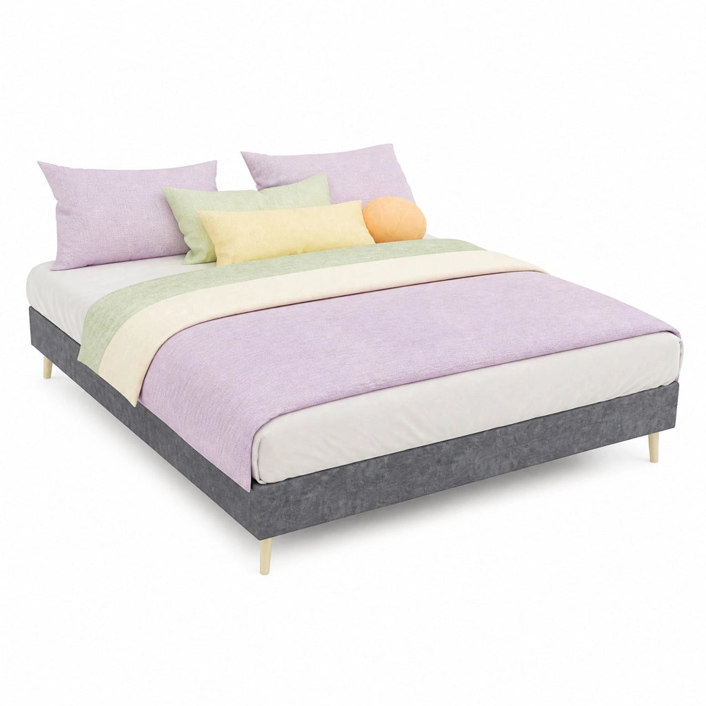 Letto matrimoniale 140x200 cm con testiera geometrica in tessuto grigio