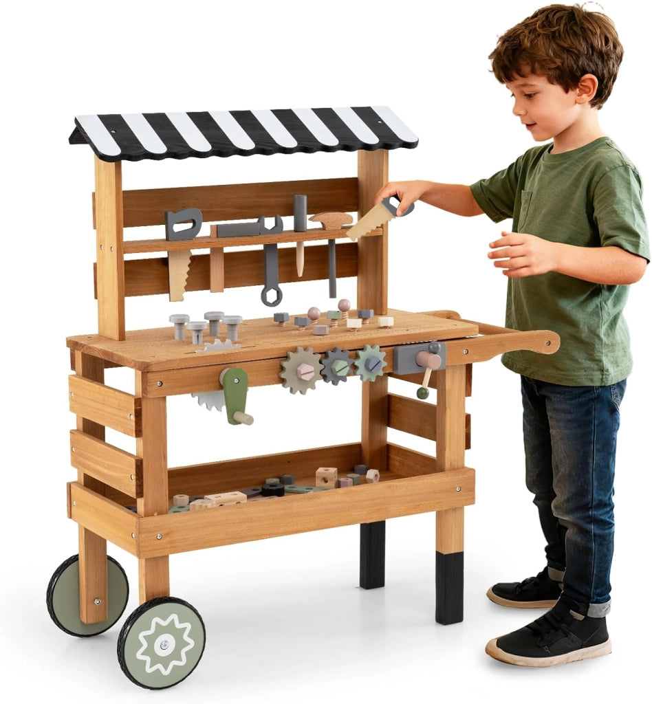 Banco da Lavoro in Legno per Bambini, Carrello 2 in 1 con Accessori Realistici, Maniglia Portatile, Cappottina Superiore e Porta Attrezzi, Tavolo da Lavoro Giocattolo Officina 3+ Anni