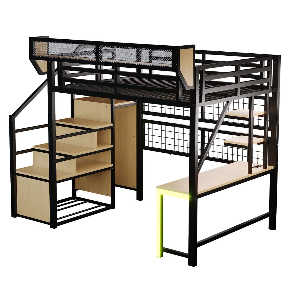 Letto a castello in metallo 140x200 cm - Zephmum - Con scrivania, scaffale, rete di sicurezza, LED, presa