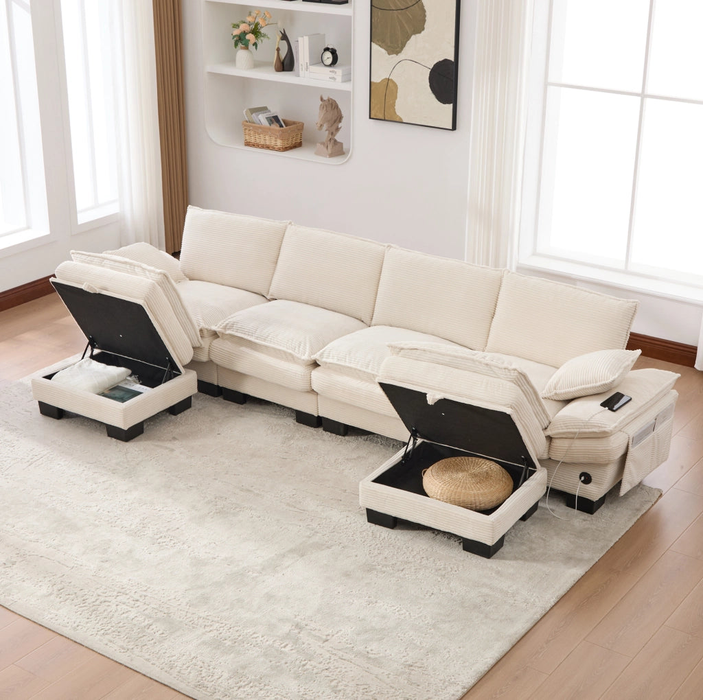 Divano modulare 4 posti 330x132x84 cm con 2 pouf; USB-C e velluto a coste beige