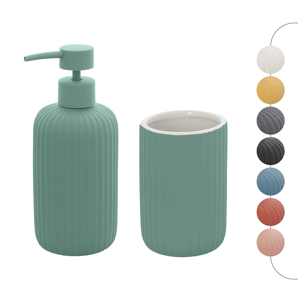Set accessori bagno in ceramica verde con dispenser sapone e due portaspazzolini Spring
