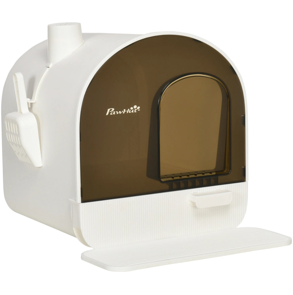 Toilette chiusa per gatti in plastica bianca con tappetino e paletta