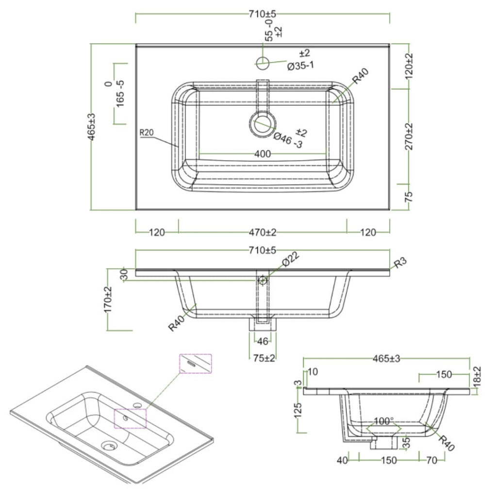 Lavabo ad incasso in ceramica bianco lucido per mobili bagno *** misure 71x46 cm, confezione 1