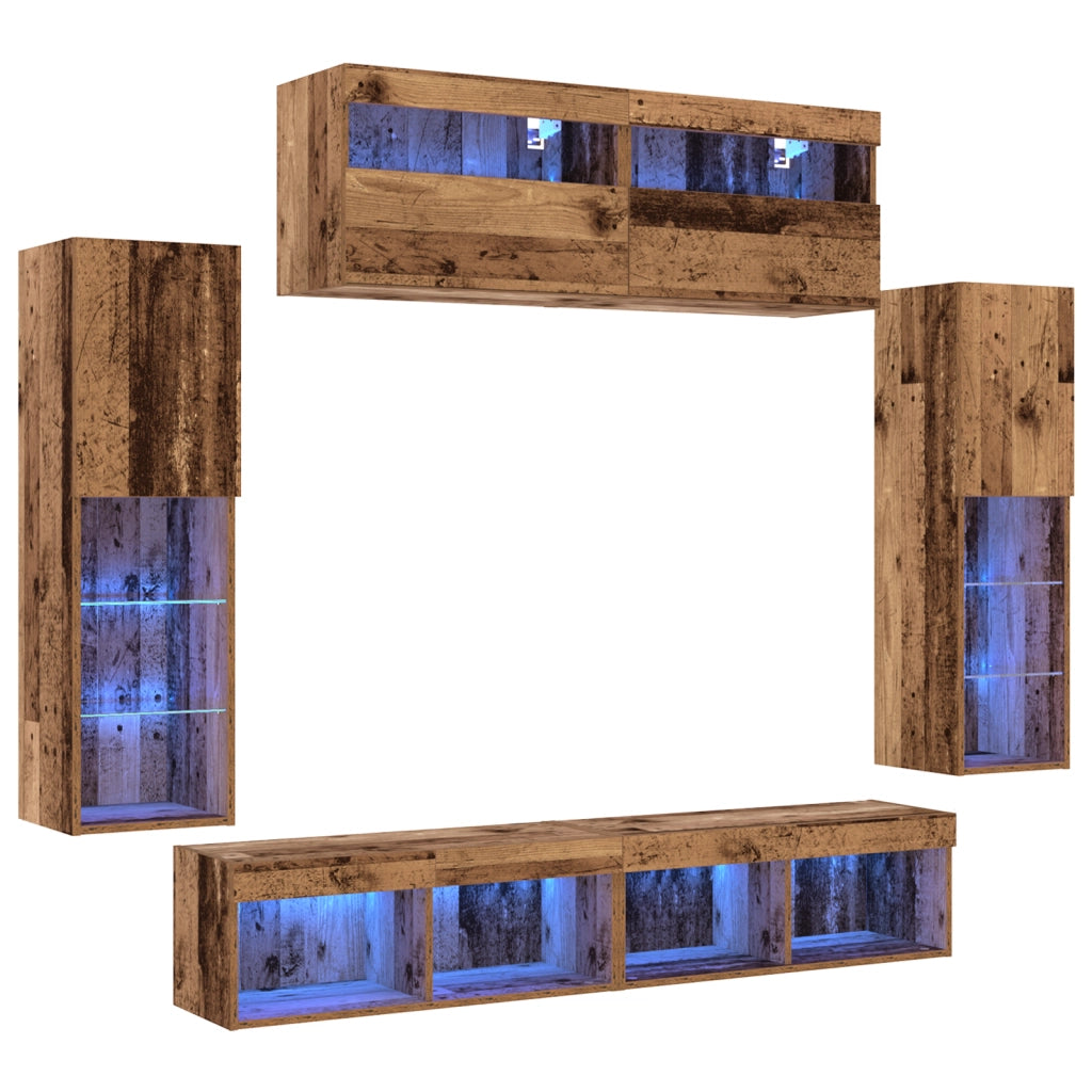 Set di 8 UnitÃ  Muro TV con LED Legno Antico Legno Ingegnerizzato