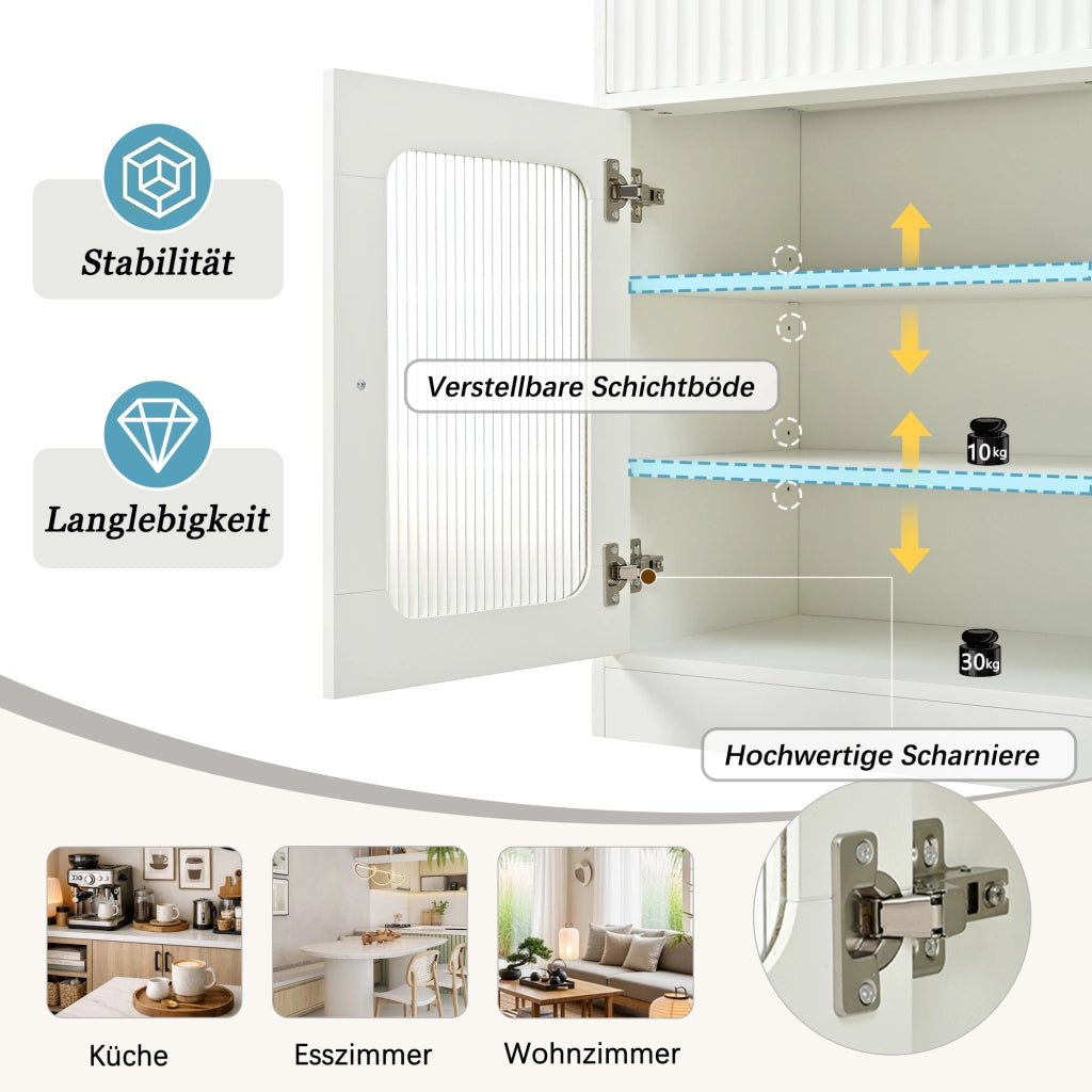 Credenza alta con 1 cassetto, ripiani regolabili, LED e vetrina per cucina, soggiorno e sala da pranzo 80 × 40 × 180 cm