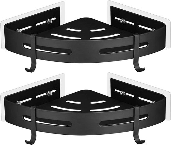 Hoekplank senza borer - Alluminio - Con 4 ganci - Per bagno e cucina - 2 livelli Nero