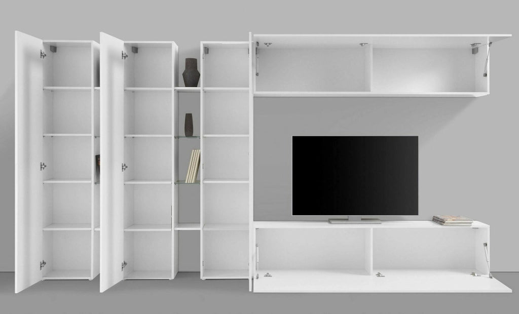 Parete attrezzata Carretto, Set salotto porta TV a 5 ante, Mobile soggiorno multiuso, 100% Made in Italy, cm 340x30h180, Bianco lucido