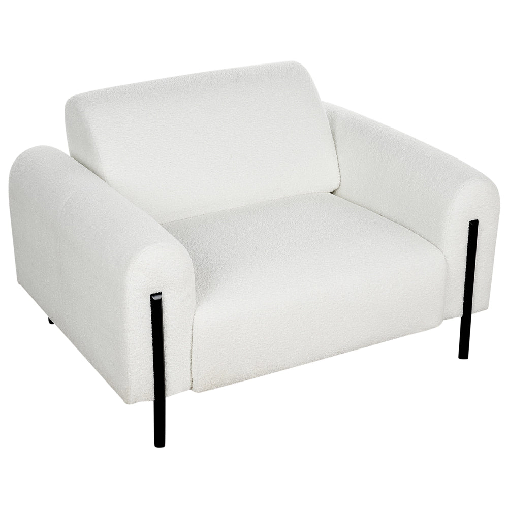 Poltrona in tessuto bouclè bianco schienale regolabile gambe in metallo stile moderno