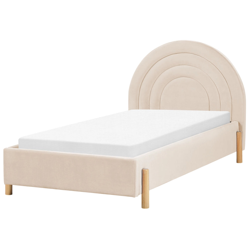 Letto con Contenitore in Velluto beige, Misura Singola 90 x 200 cm Design Minimalista Retro con Testiera a Mezza Luna