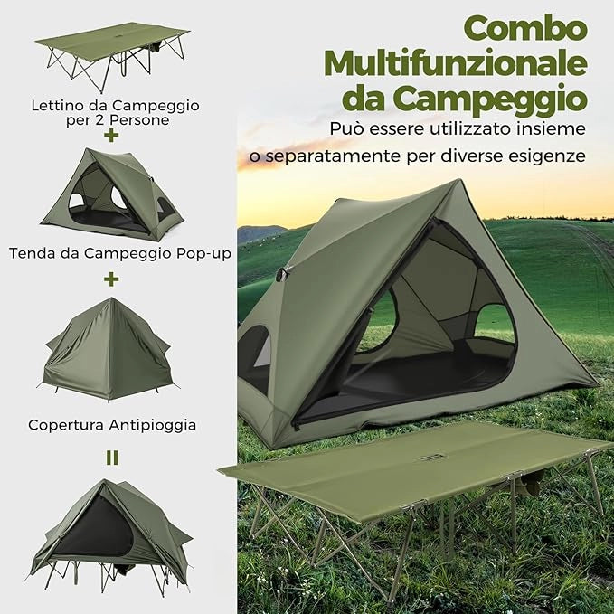 Tenda da Campeggio per 2 Persone, Tenda Impermeabile e Pieghevole con Tenda Pop-up, Letto da Campeggio, Borsa con Ruote, Telo Antipioggia, 2 Porte a Rete e Finestre per Spiaggia e Campeggio
