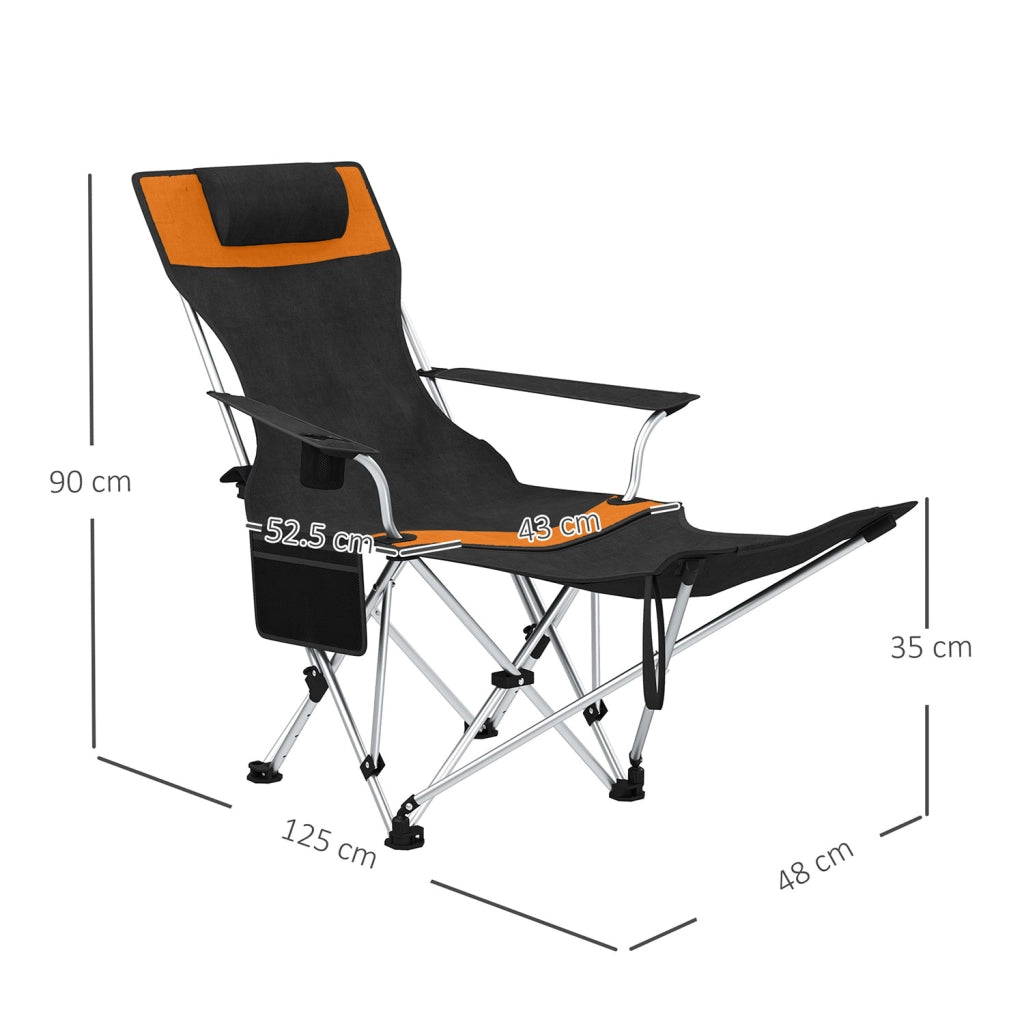 Set 2 Sedie da Campeggio 82x50-100x88 cm Pieghevoli con Poggiapiedi e Portabicchieri in Tessuto Oxford Nero e Arancione