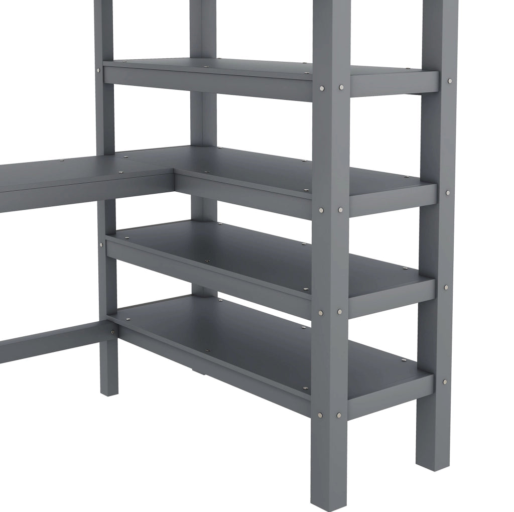 Letto a soppalco 90x200 cm con scrivania e ripiani; grigio