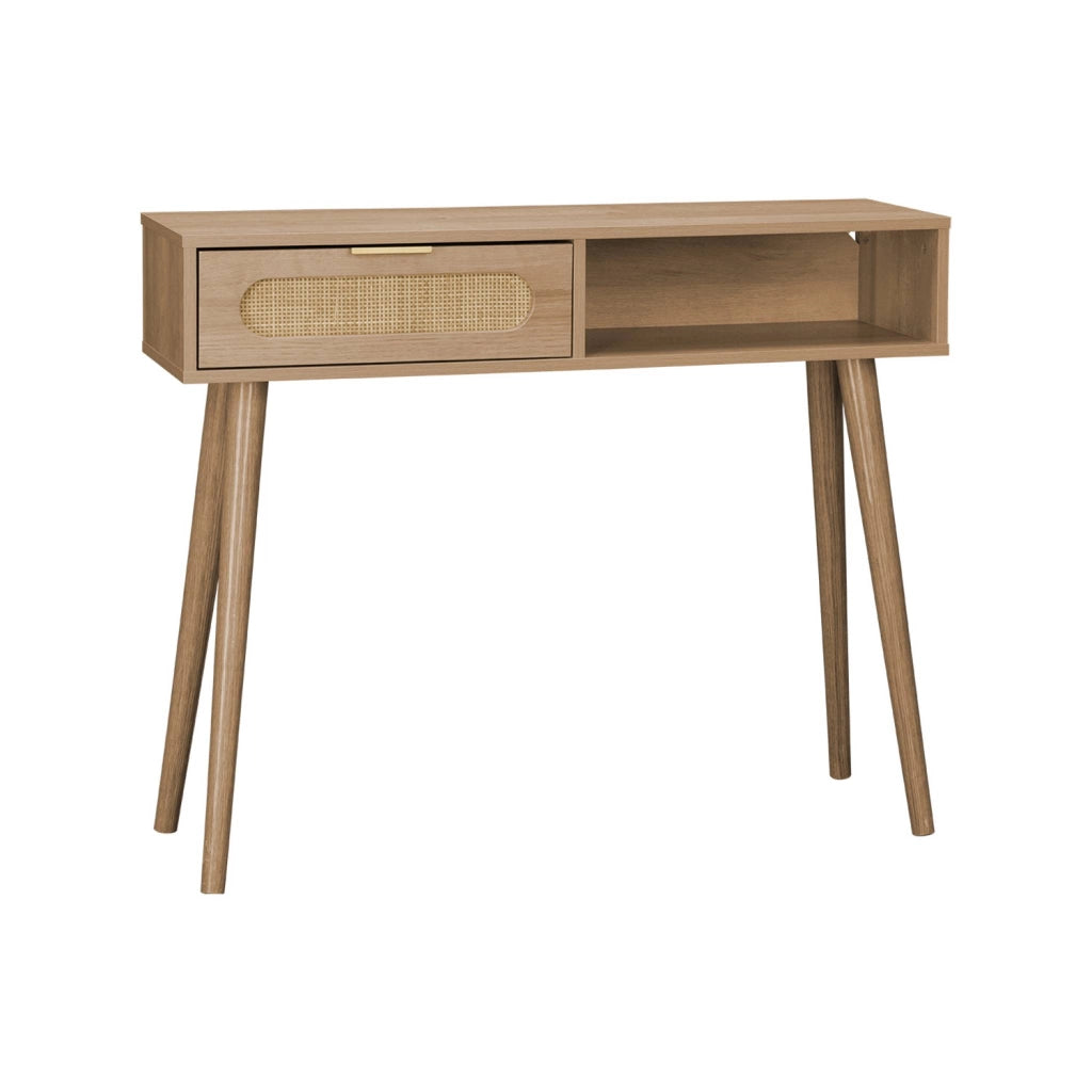 Consolle scandinava in canna e legno, 100cm, marrone naturale