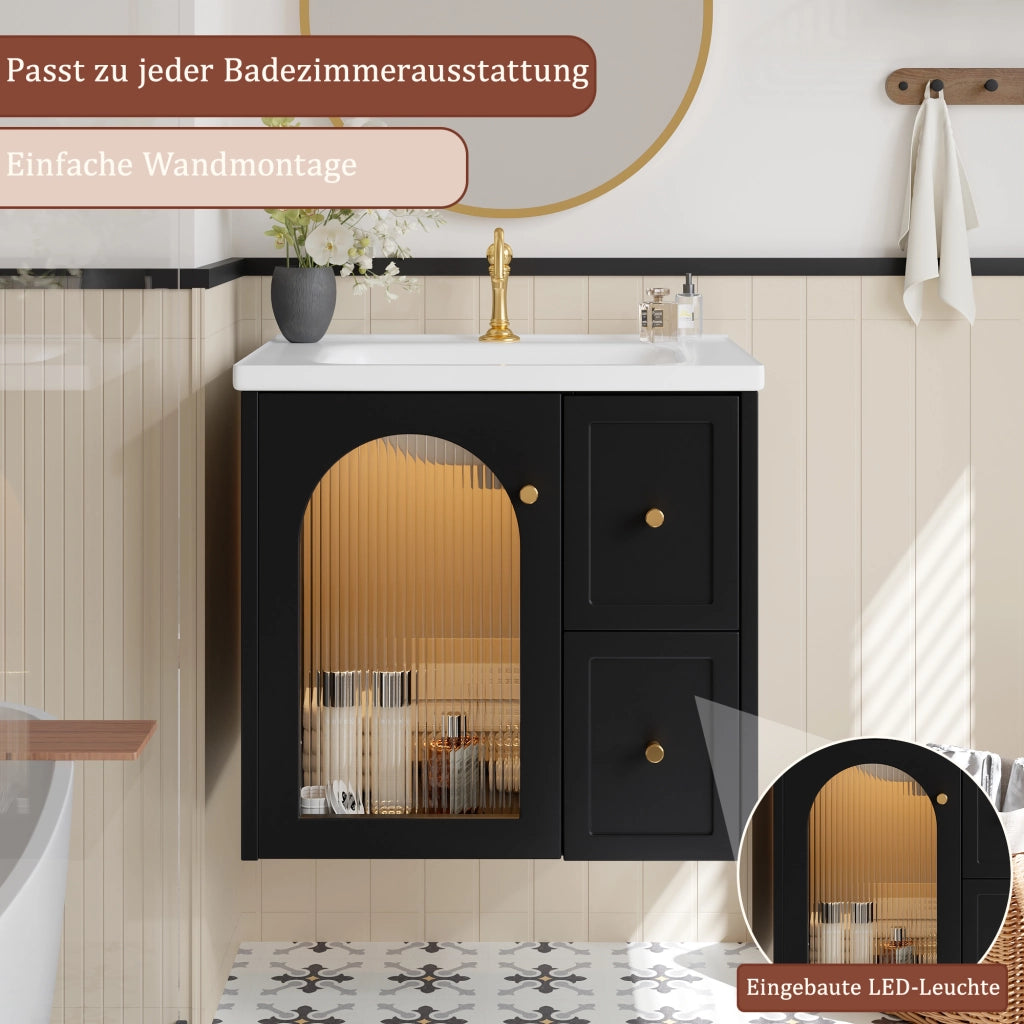 Mobile sottolavabo da bagno a parete con lavabo in ceramica LED anta in vetro rigato e chiusura soft close nero
