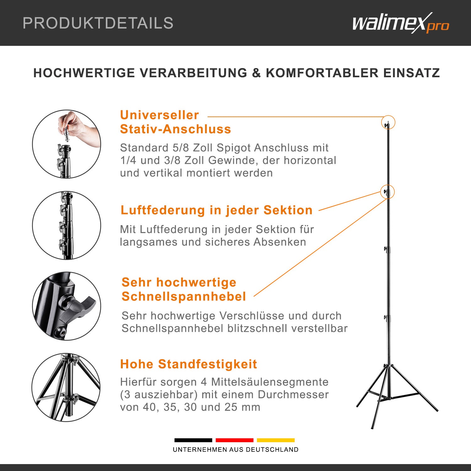 AIR 380 Deluxe Stativo per luci, altezza max 380 cm, cavalletto fotografico per flash con capacità di carico di 15 kg, treppiede per studi fotografici e outdoor
