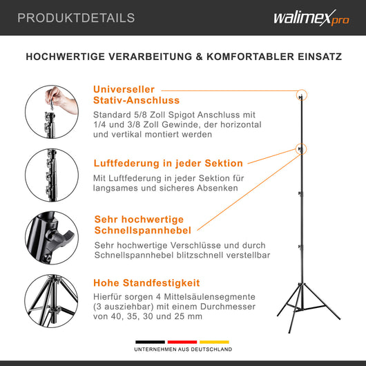 AIR 380 Deluxe Stativo per luci, altezza max 380 cm, cavalletto fotografico per flash con capacità di carico di 15 kg, treppiede per studi fotografici e outdoor