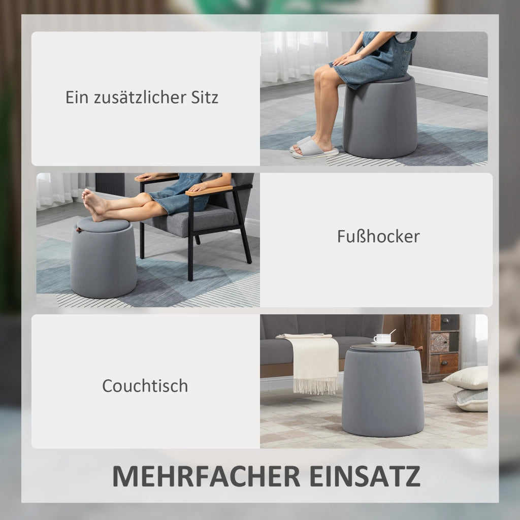 Pouf in velluto con cassettino e coperchio amovibile ¨C zephmum ¨C Grigio ?44x47.5 cm