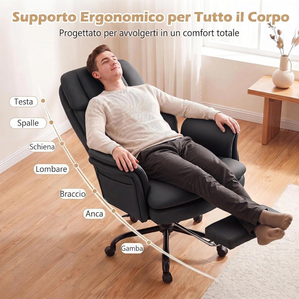 Sedia da Ufficio Ergonomica, Portata 150 kg (Nero) | Sedia Scrivania con Rotelle Girevole, Braccioli Regolabili su 5 Livelli e Poggiapiedi Retrattile, per Casa e Ufficio