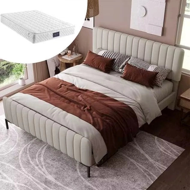 Letto imbottito 140x200 cm con testiera regolabile; rivestimento in lino grigio beige