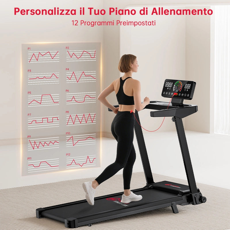 TAPIS ROULANT ELETTRICO COMPATTO PIEGHEVOLE PER LA CASA CON DISPLAY LED E DUE PORTABICCHIERI