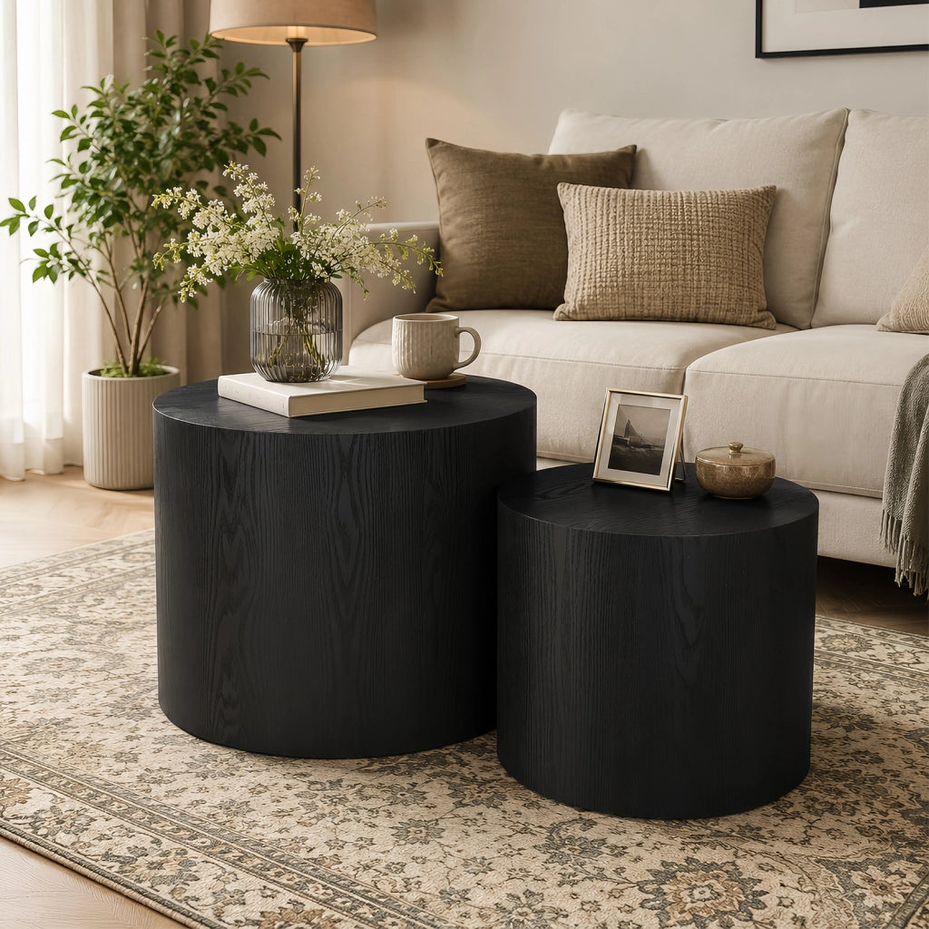 Set di 2 tavolini rotondi nidificabili in MDF nero
