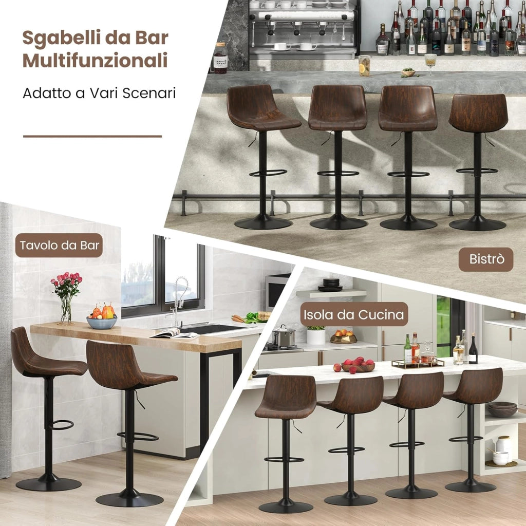 Set di 2 Sgabelli da Bar Moderno, Regolabile e Girevole a 360°, Sgabelli da Cucina con Schienale e Poggiapiedi, Sgabello Struttura in Metallo Stile Vintage da Casa, Marrone Rustico