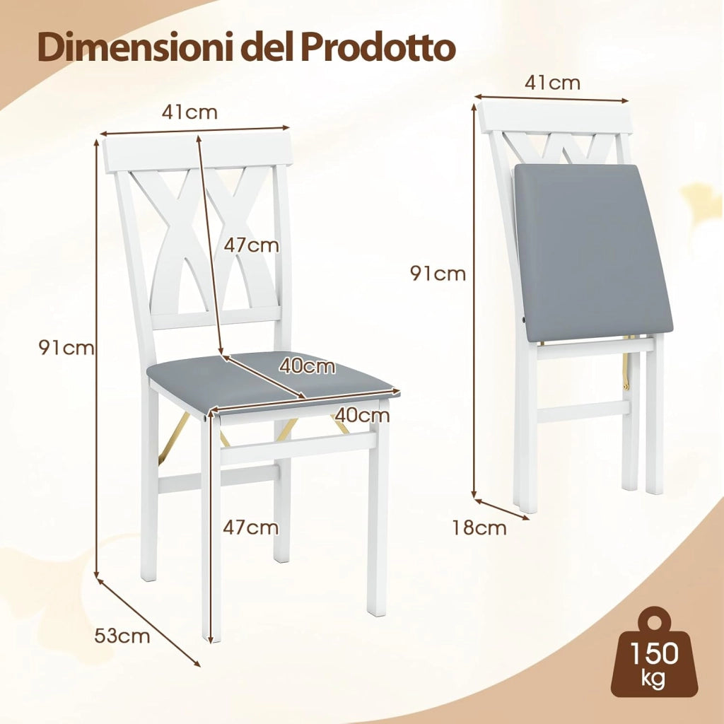 Set di 2 Sedie Pieghevoli, Sedie Ergonomiche di Gomma Senza Braccioli con Struttura in Legno di Gomma, Seduta Pieghevole da Pranzo con Schienale Curvo per Ristorante, Portata 150 kg (Bianco)